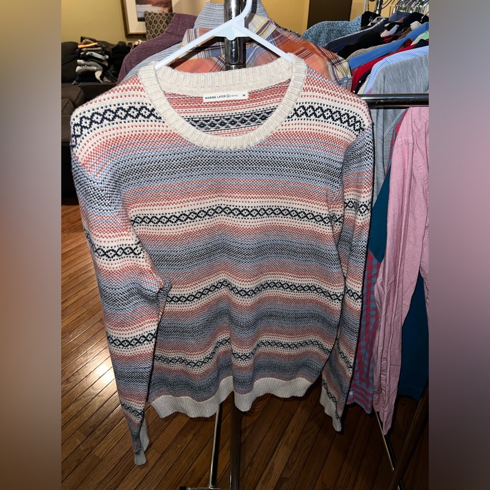 Marine Layer Striped Crewneck Sweater in Coral, Navy, Cream